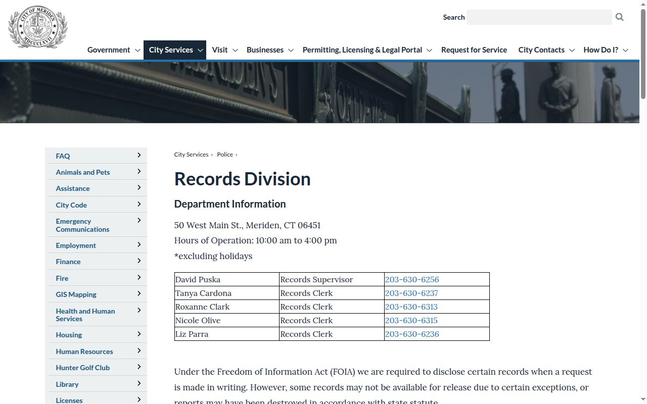 Meriden Police Department release records division information