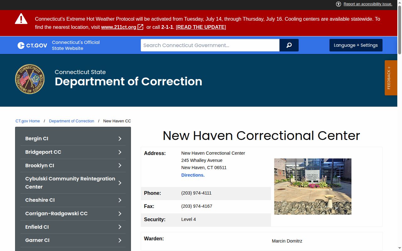 New Haven Correctional Center release information for Meriden cases